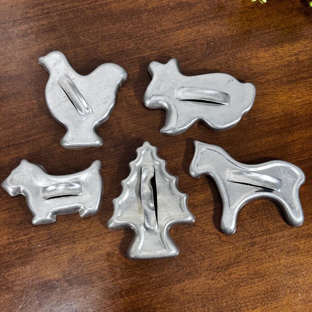 Vintage Aluminum Cookie Cutters 5 pieces Chicken Rabbit Horse Dog Christmas Tree